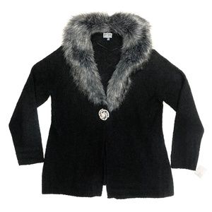 New JM Collection black sweater jacket with removable faux fur collar